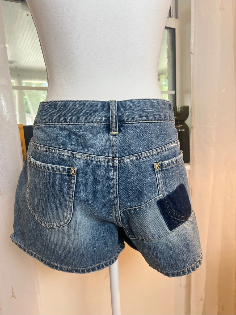 Old Navy Blue Patchwork ultra low waist button fly Denim Shorts size 14.